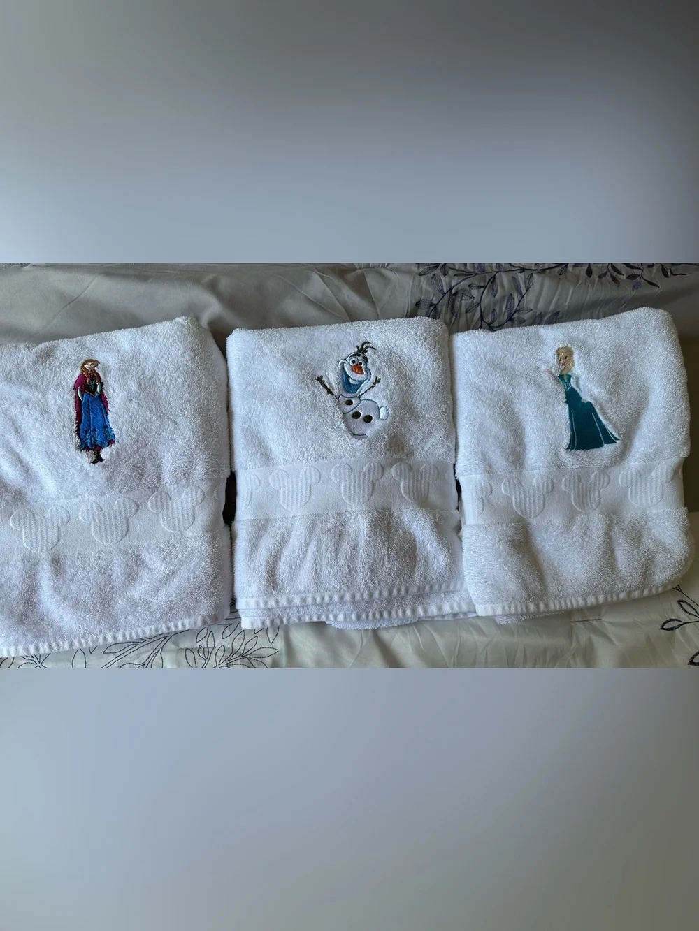 Set of Disney Parks White Embroidered Bath Towels, Elsa, Anna, and Olaf